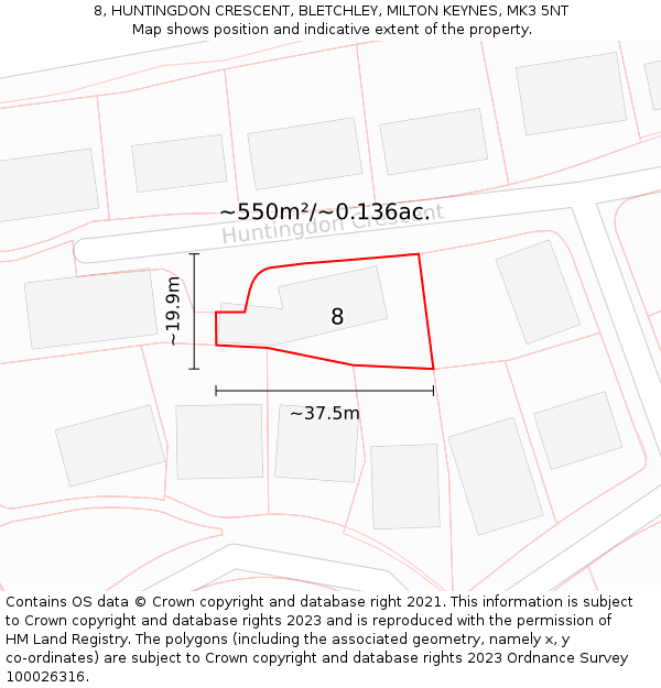 8, HUNTINGDON CRESCENT, BLETCHLEY, MILTON KEYNES, MK3 5NT: Plot and title map