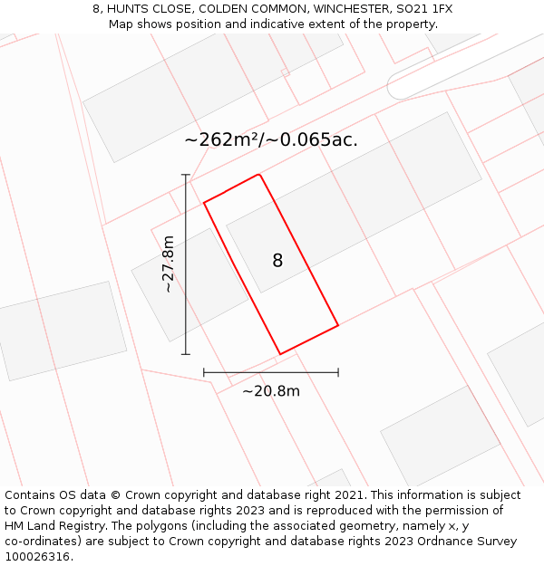 8, HUNTS CLOSE, COLDEN COMMON, WINCHESTER, SO21 1FX: Plot and title map