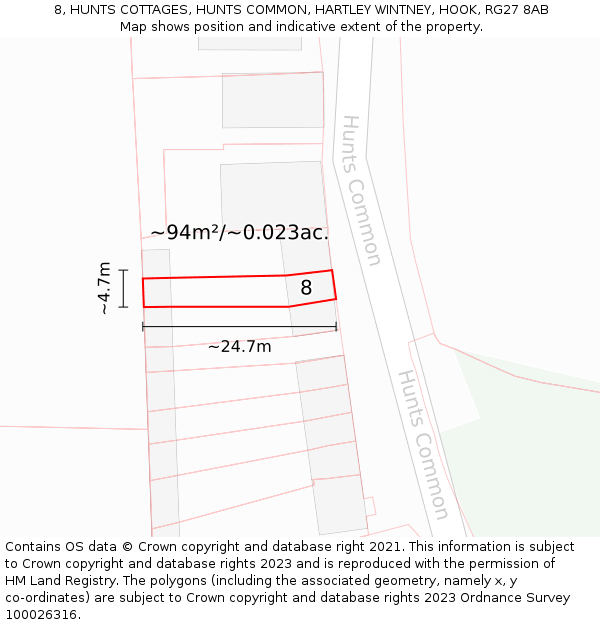 8, HUNTS COTTAGES, HUNTS COMMON, HARTLEY WINTNEY, HOOK, RG27 8AB: Plot and title map