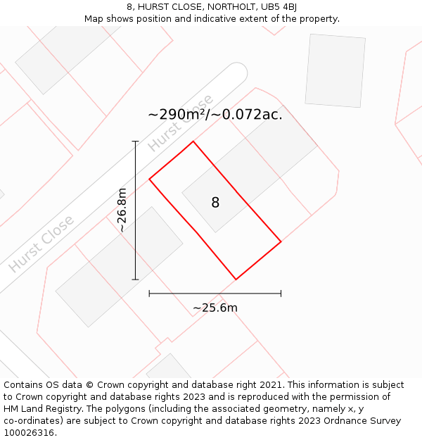 8, HURST CLOSE, NORTHOLT, UB5 4BJ: Plot and title map