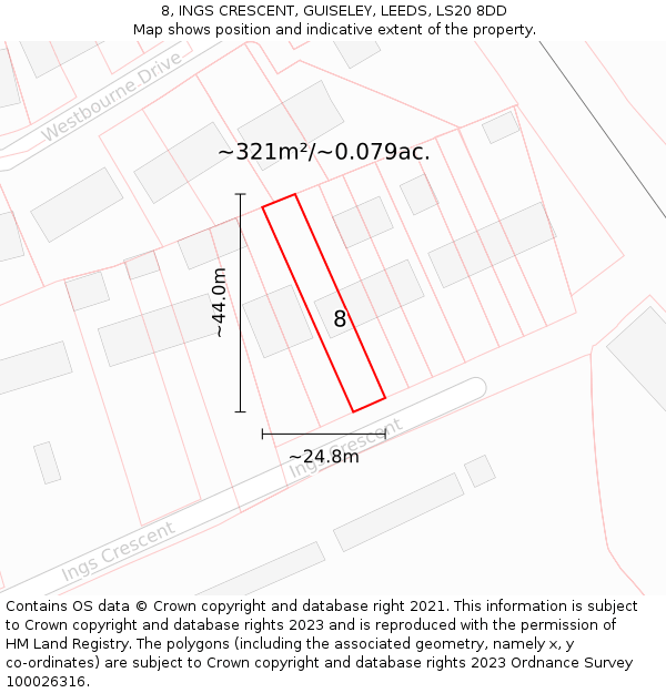 8, INGS CRESCENT, GUISELEY, LEEDS, LS20 8DD: Plot and title map
