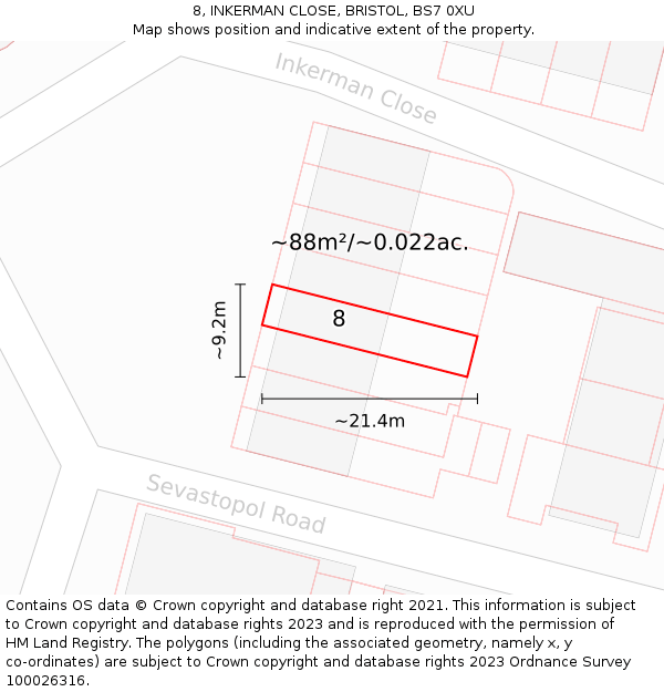 8, INKERMAN CLOSE, BRISTOL, BS7 0XU: Plot and title map