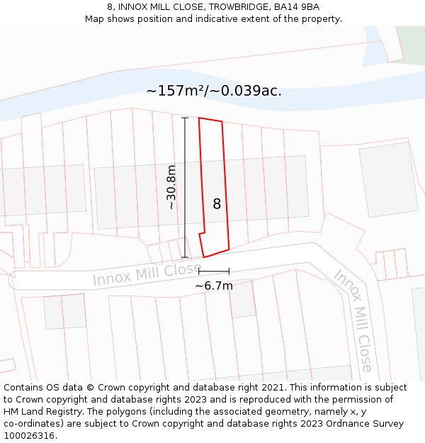 8, INNOX MILL CLOSE, TROWBRIDGE, BA14 9BA: Plot and title map