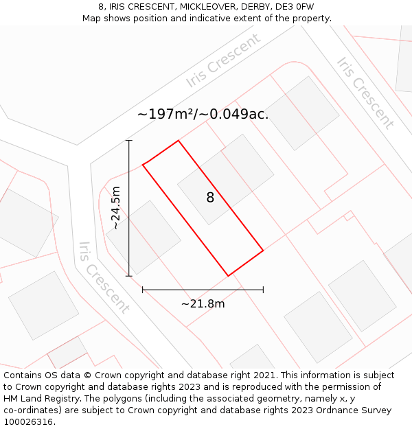 8, IRIS CRESCENT, MICKLEOVER, DERBY, DE3 0FW: Plot and title map
