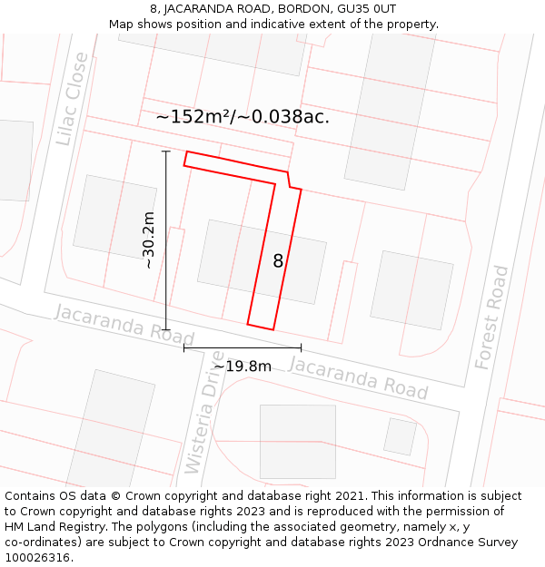 8, JACARANDA ROAD, BORDON, GU35 0UT: Plot and title map