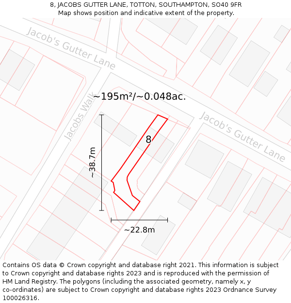 8, JACOBS GUTTER LANE, TOTTON, SOUTHAMPTON, SO40 9FR: Plot and title map