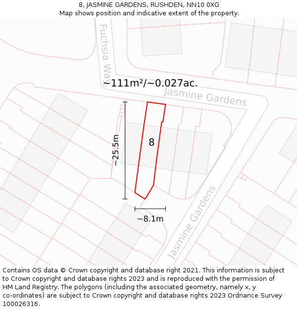 8, JASMINE GARDENS, RUSHDEN, NN10 0XG: Plot and title map