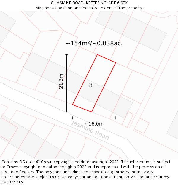 8, JASMINE ROAD, KETTERING, NN16 9TX: Plot and title map