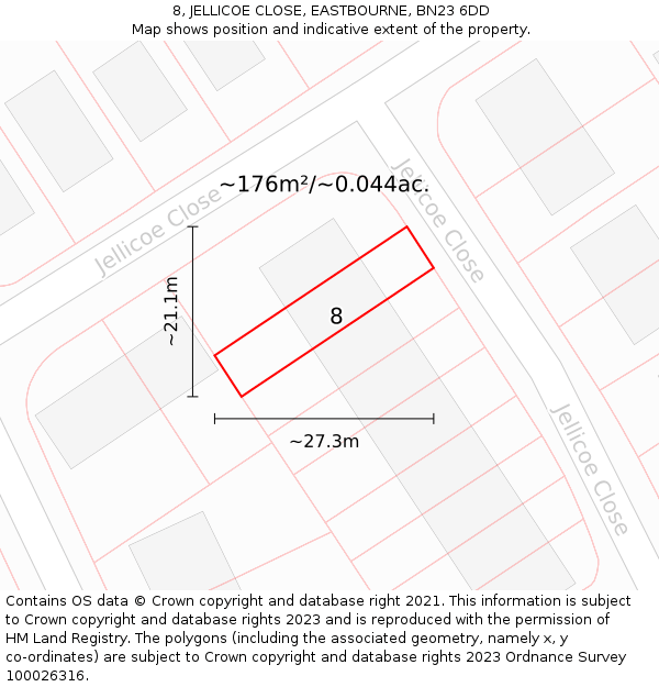8, JELLICOE CLOSE, EASTBOURNE, BN23 6DD: Plot and title map