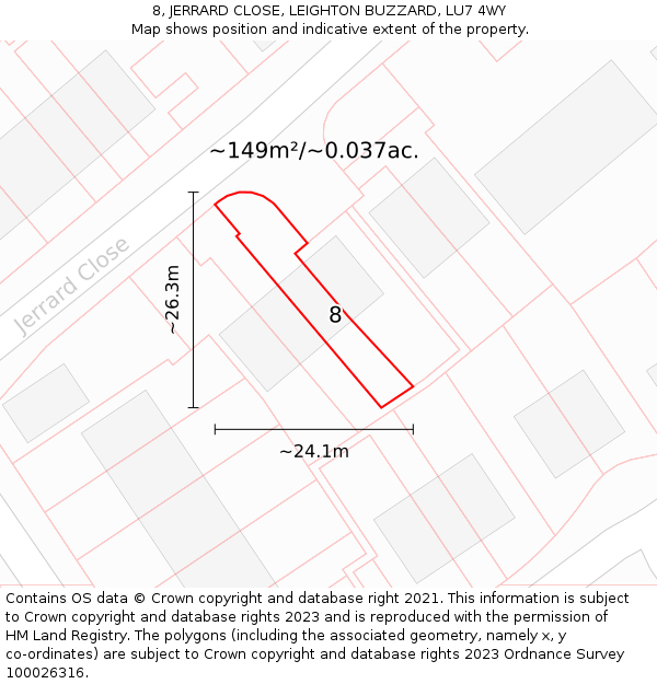 8, JERRARD CLOSE, LEIGHTON BUZZARD, LU7 4WY: Plot and title map