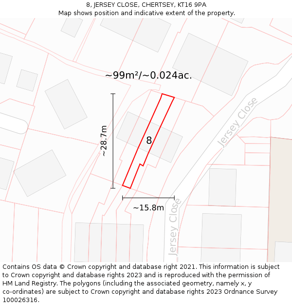 8, JERSEY CLOSE, CHERTSEY, KT16 9PA: Plot and title map