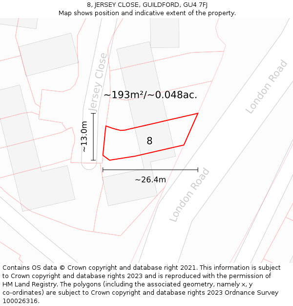 8, JERSEY CLOSE, GUILDFORD, GU4 7FJ: Plot and title map