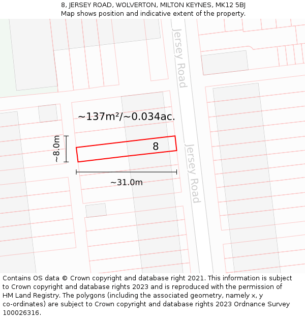 8, JERSEY ROAD, WOLVERTON, MILTON KEYNES, MK12 5BJ: Plot and title map