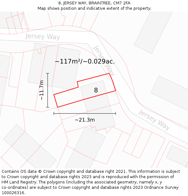 8, JERSEY WAY, BRAINTREE, CM7 2FA: Plot and title map