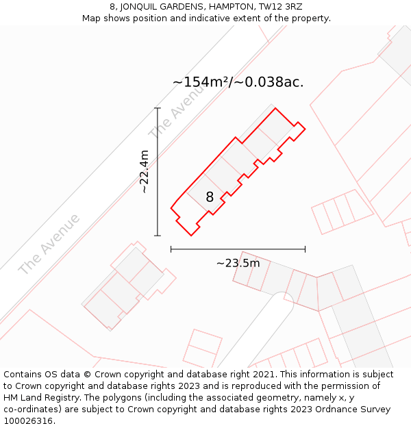 8, JONQUIL GARDENS, HAMPTON, TW12 3RZ: Plot and title map