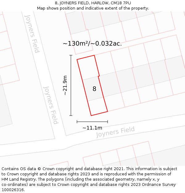 8, JOYNERS FIELD, HARLOW, CM18 7PU: Plot and title map
