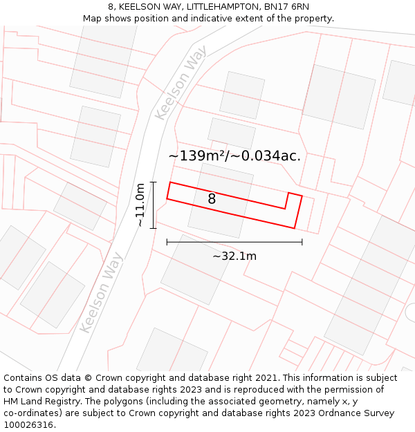 8, KEELSON WAY, LITTLEHAMPTON, BN17 6RN: Plot and title map