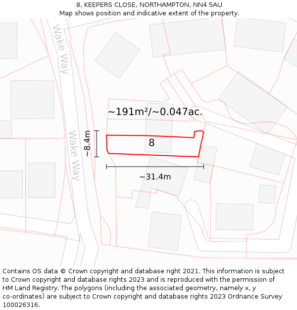 8, KEEPERS CLOSE, NORTHAMPTON, NN4 5AU: Plot and title map