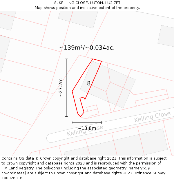 8, KELLING CLOSE, LUTON, LU2 7ET: Plot and title map