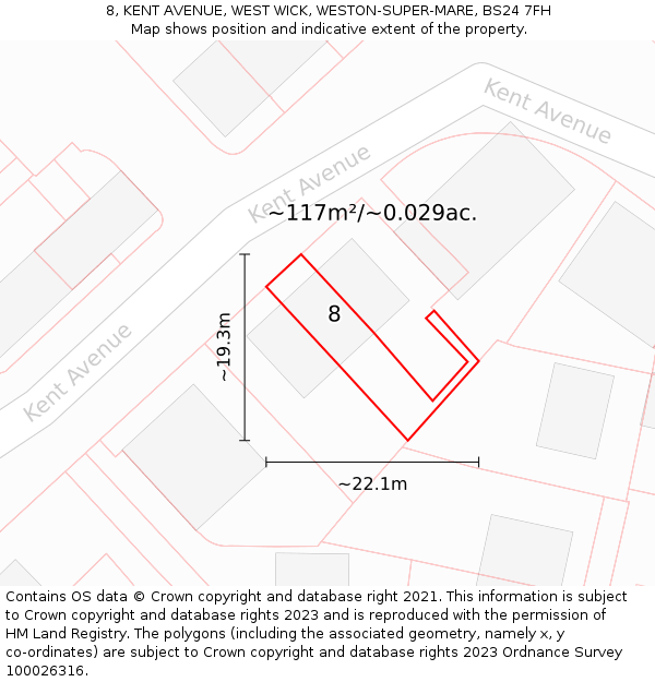 8, KENT AVENUE, WEST WICK, WESTON-SUPER-MARE, BS24 7FH: Plot and title map