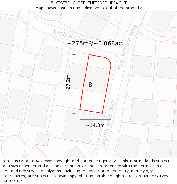 8, KESTREL CLOSE, THETFORD, IP24 3HT: Plot and title map