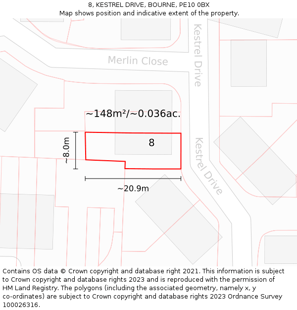 8, KESTREL DRIVE, BOURNE, PE10 0BX: Plot and title map