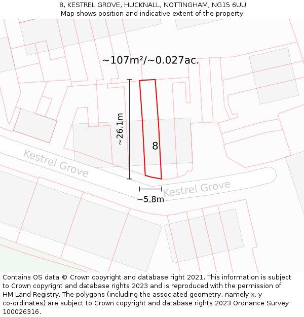 8, KESTREL GROVE, HUCKNALL, NOTTINGHAM, NG15 6UU: Plot and title map