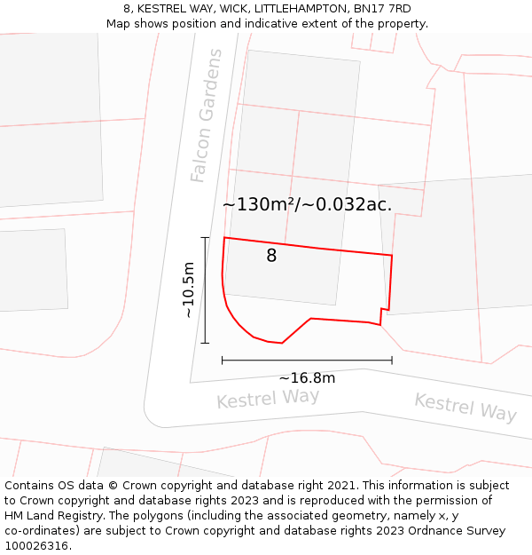 8, KESTREL WAY, WICK, LITTLEHAMPTON, BN17 7RD: Plot and title map