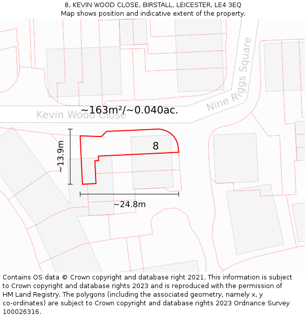 8, KEVIN WOOD CLOSE, BIRSTALL, LEICESTER, LE4 3EQ: Plot and title map