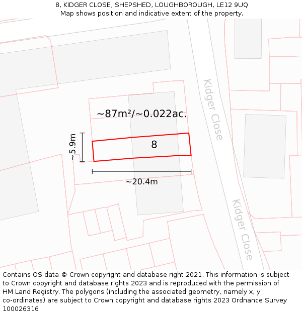 8, KIDGER CLOSE, SHEPSHED, LOUGHBOROUGH, LE12 9UQ: Plot and title map