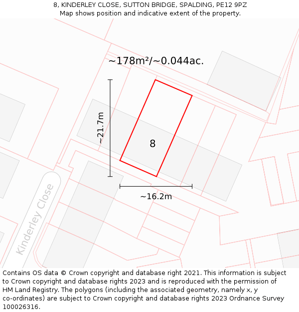 8, KINDERLEY CLOSE, SUTTON BRIDGE, SPALDING, PE12 9PZ: Plot and title map