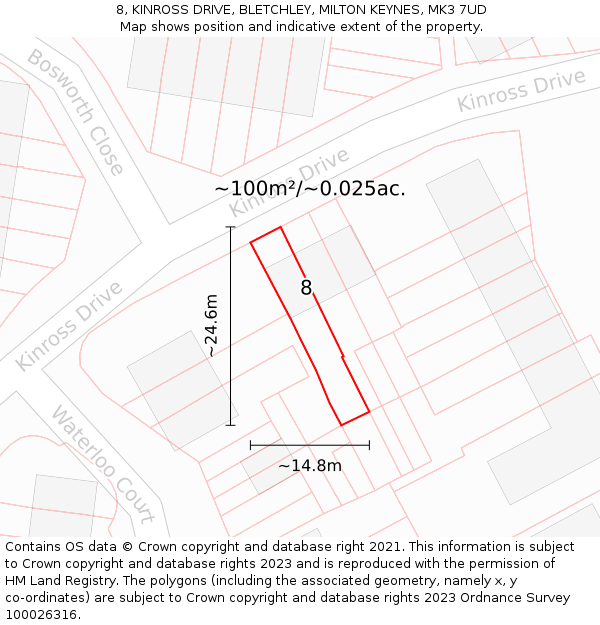8, KINROSS DRIVE, BLETCHLEY, MILTON KEYNES, MK3 7UD: Plot and title map