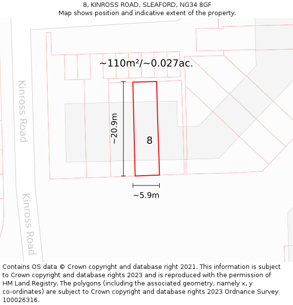 8, KINROSS ROAD, SLEAFORD, NG34 8GF: Plot and title map