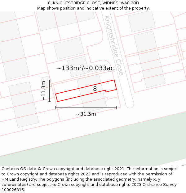 8, KNIGHTSBRIDGE CLOSE, WIDNES, WA8 3BB: Plot and title map