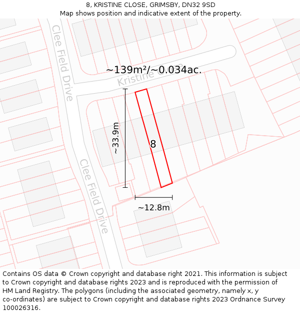 8, KRISTINE CLOSE, GRIMSBY, DN32 9SD: Plot and title map