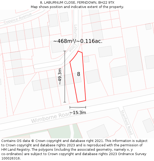 8, LABURNUM CLOSE, FERNDOWN, BH22 9TX: Plot and title map