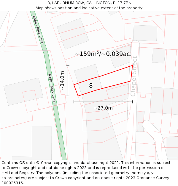 8, LABURNUM ROW, CALLINGTON, PL17 7BN: Plot and title map