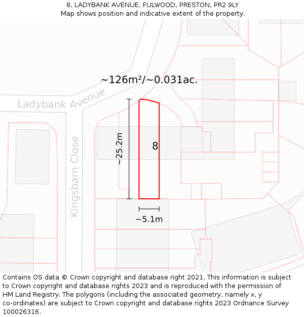 8, LADYBANK AVENUE, FULWOOD, PRESTON, PR2 9LY: Plot and title map