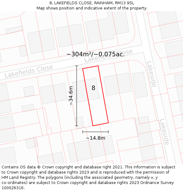 8, LAKEFIELDS CLOSE, RAINHAM, RM13 9SL: Plot and title map