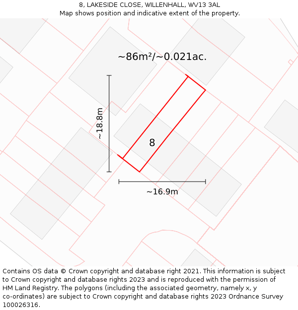 8, LAKESIDE CLOSE, WILLENHALL, WV13 3AL: Plot and title map