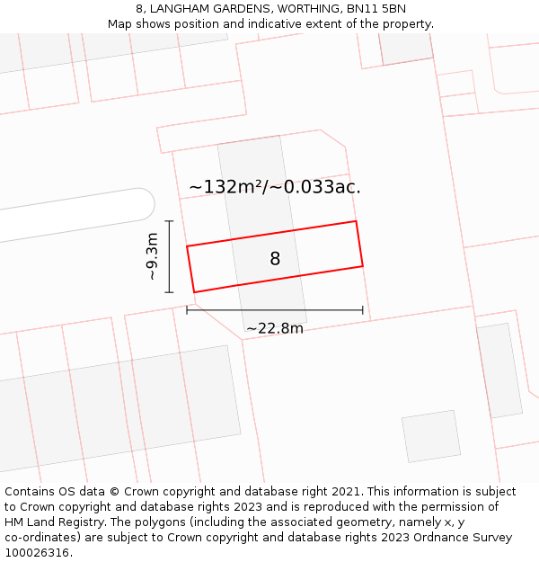 8, LANGHAM GARDENS, WORTHING, BN11 5BN: Plot and title map
