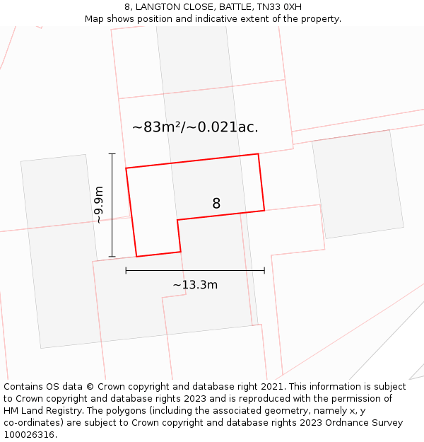 8, LANGTON CLOSE, BATTLE, TN33 0XH: Plot and title map