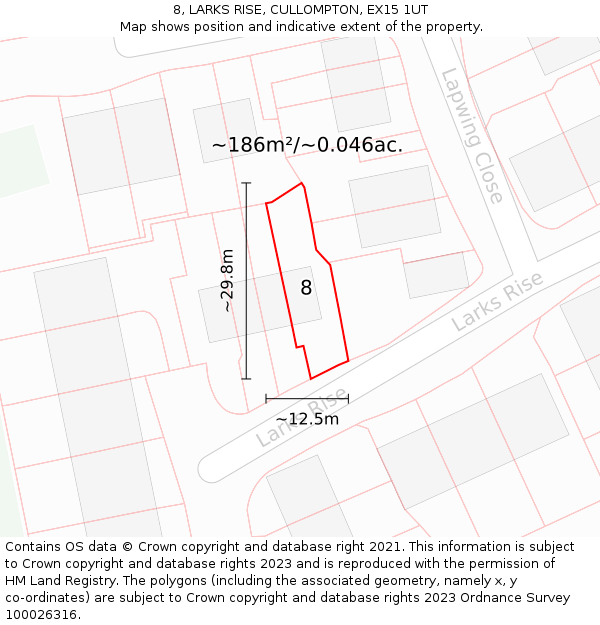 8, LARKS RISE, CULLOMPTON, EX15 1UT: Plot and title map