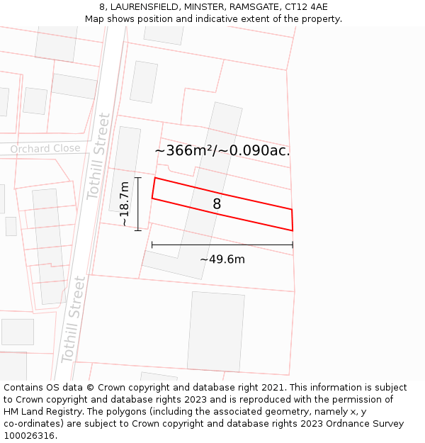 8, LAURENSFIELD, MINSTER, RAMSGATE, CT12 4AE: Plot and title map