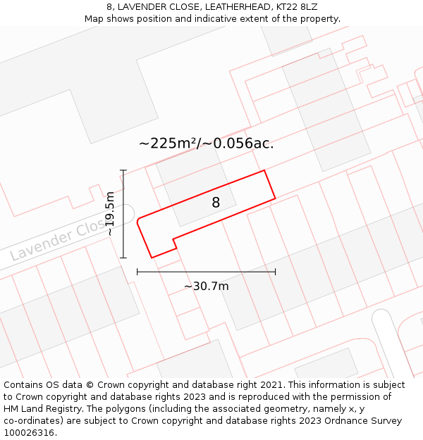 8, LAVENDER CLOSE, LEATHERHEAD, KT22 8LZ: Plot and title map