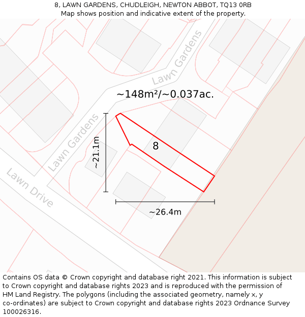 8, LAWN GARDENS, CHUDLEIGH, NEWTON ABBOT, TQ13 0RB: Plot and title map