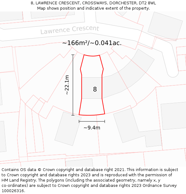 8, LAWRENCE CRESCENT, CROSSWAYS, DORCHESTER, DT2 8WL: Plot and title map