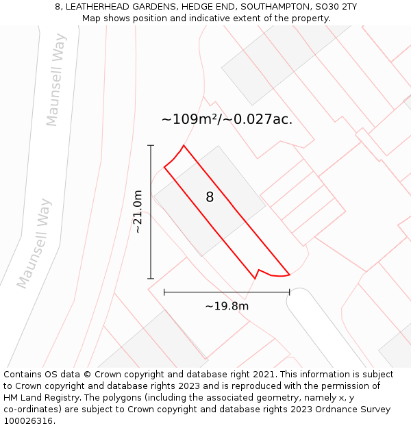 8, LEATHERHEAD GARDENS, HEDGE END, SOUTHAMPTON, SO30 2TY: Plot and title map