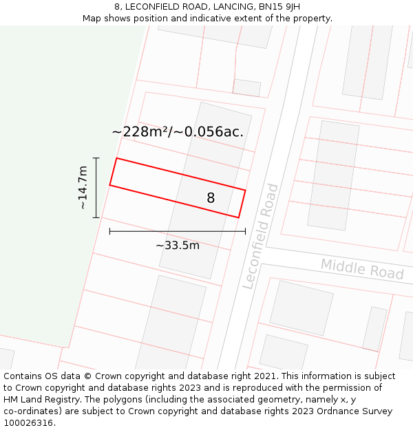 8, LECONFIELD ROAD, LANCING, BN15 9JH: Plot and title map