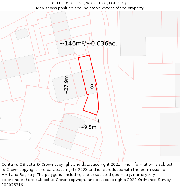 8, LEEDS CLOSE, WORTHING, BN13 3QP: Plot and title map
